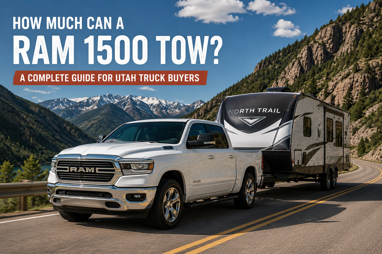White RAM 1500 towing a travel trailer through Logan Canyon near Cache Valley, Utah.