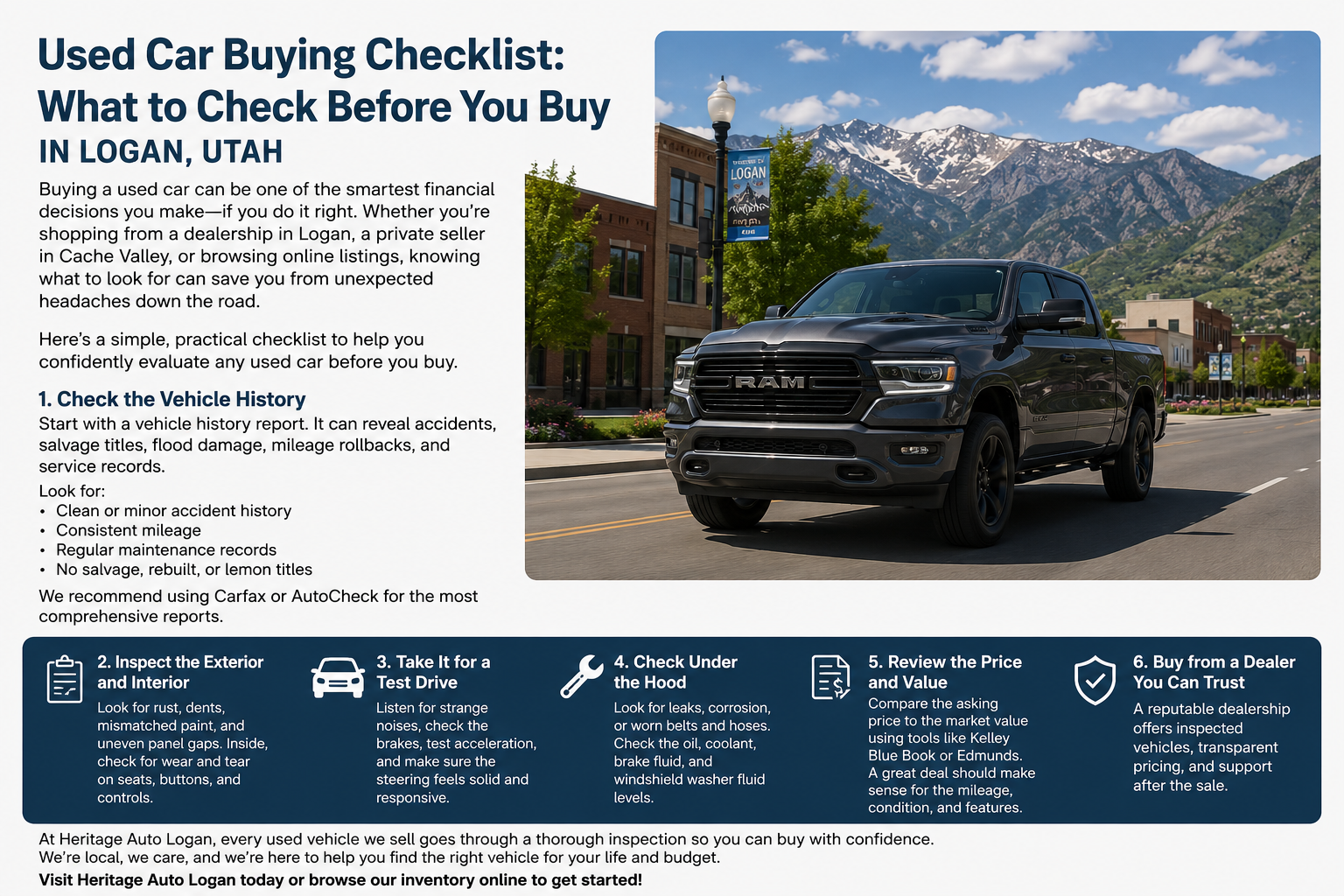 Customer inspecting a used RAM 1500 in Logan, Utah using a used car buying checklist.