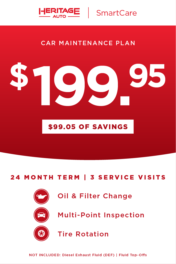 A red and white advertisement for a Heritage Auto SmartCare Maintenance Plan at $199.95, with $99.05 savings
